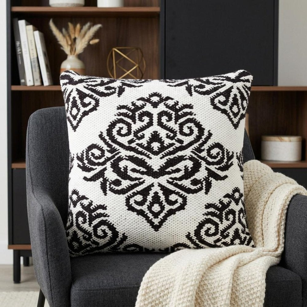 20" X 20" White And Black 100% Cotton Damask Zippered Pillow HomeRoots