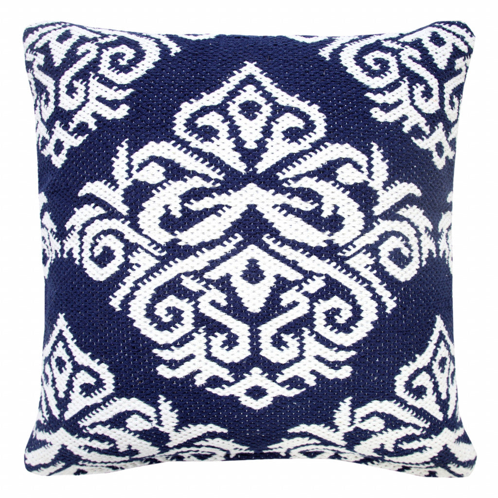 20" X 20" Blue And White 100% Cotton Damask Zippered Pillow FurniFindUSA
