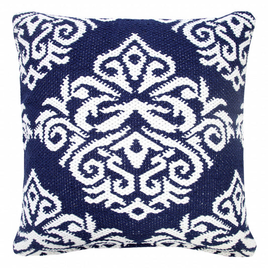 20" X 20" Blue And White 100% Cotton Damask Zippered Pillow FurniFindUSA