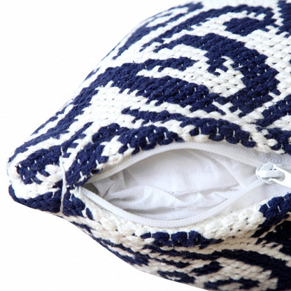 20" Blue And White Damask Cotton Throw Pillow HomeRoots