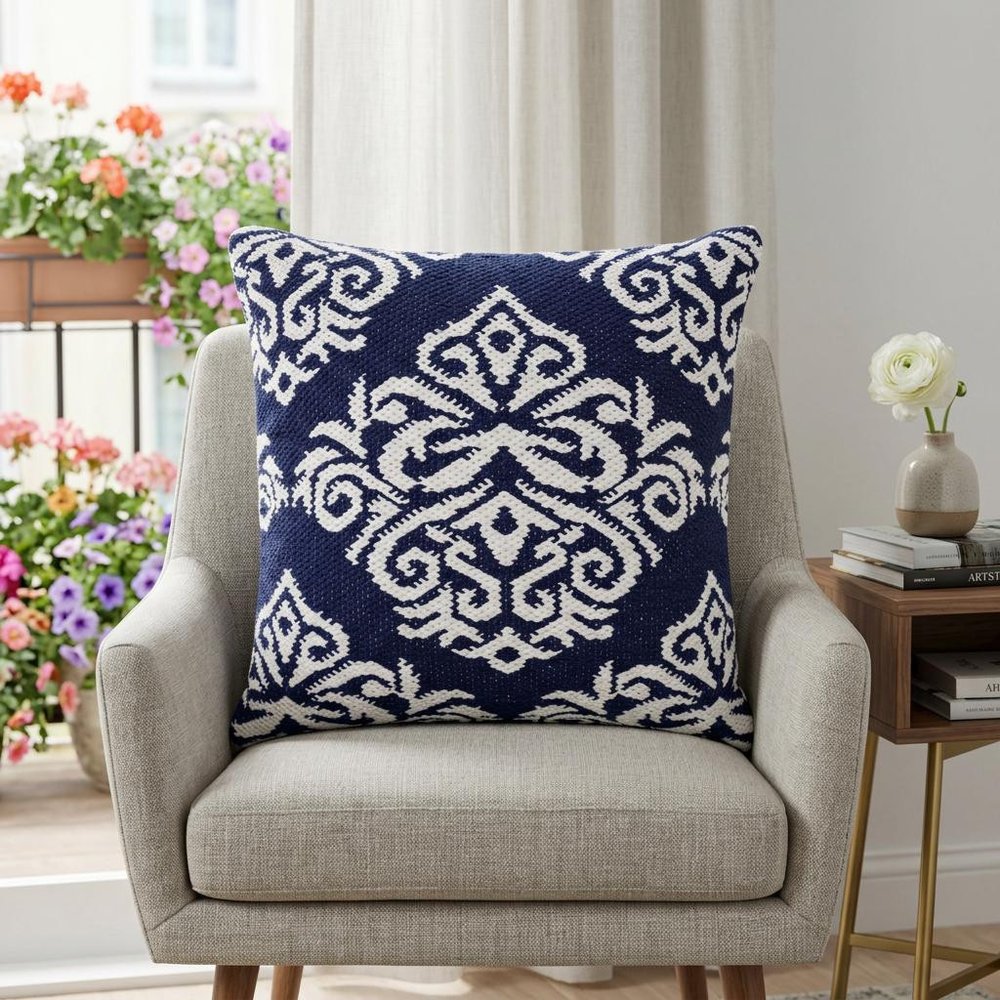 20" Blue And White Damask Cotton Throw Pillow HomeRoots