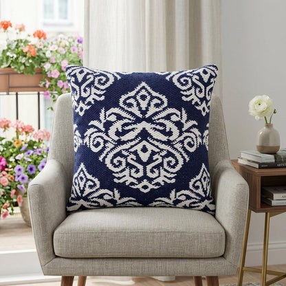 20" Blue And White Damask Cotton Throw Pillow HomeRoots