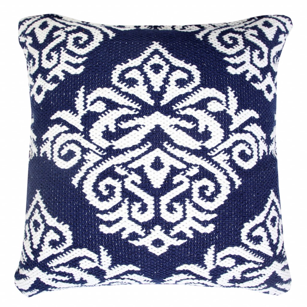 20" Blue And White Damask Cotton Throw Pillow HomeRoots