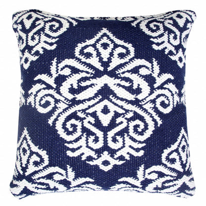 20" Blue And White Damask Cotton Throw Pillow HomeRoots
