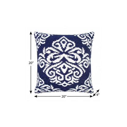 20" Blue And White Damask Cotton Throw Pillow HomeRoots
