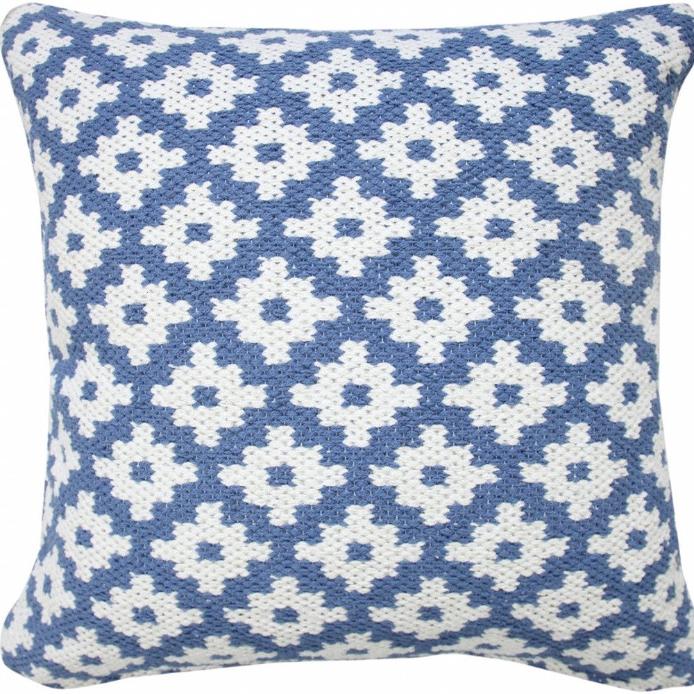 20" X 20" Blue And White 100% Cotton Geometric Zippered Pillow HomeRoots
