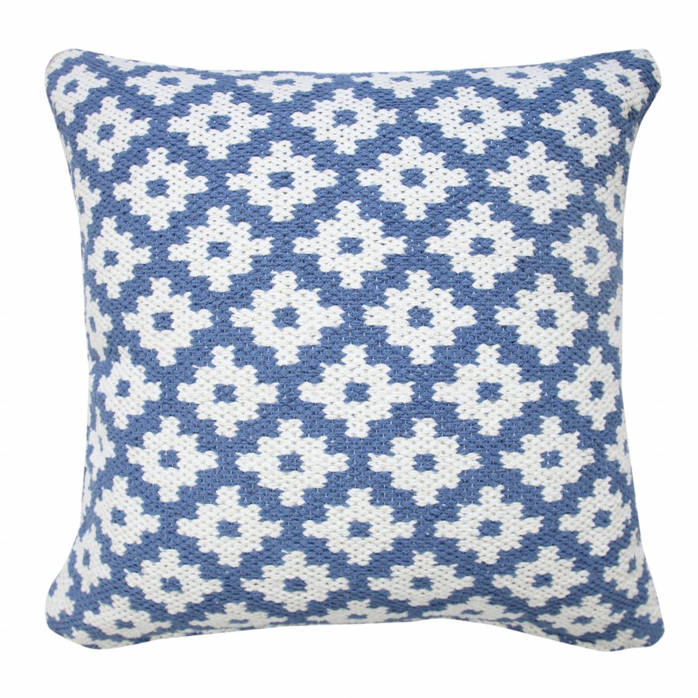 20" X 20" Blue And White 100% Cotton Geometric Zippered Pillow — view 1