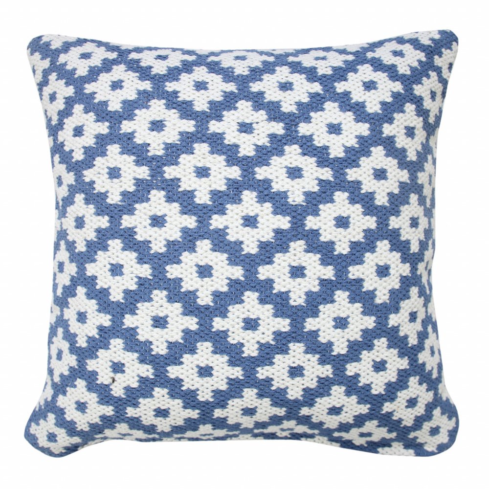 20" X 20" Blue And White 100% Cotton Geometric Zippered Pillow HomeRoots