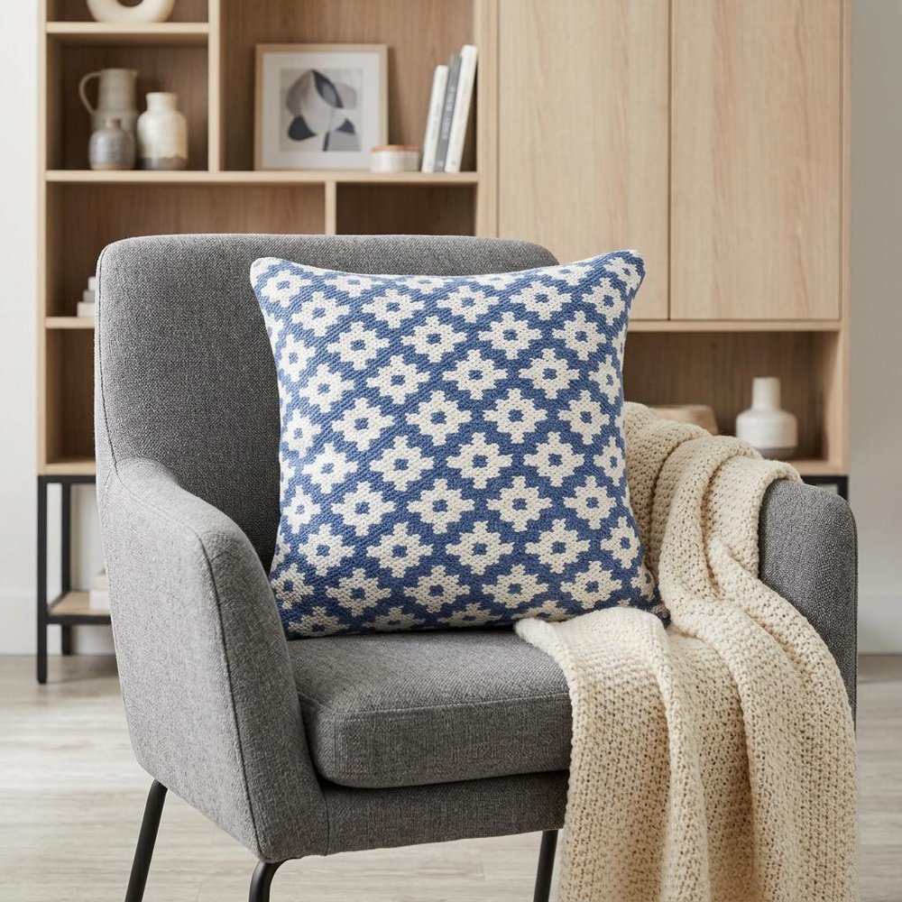 20" X 20" Blue And White 100% Cotton Geometric Zippered Pillow HomeRoots