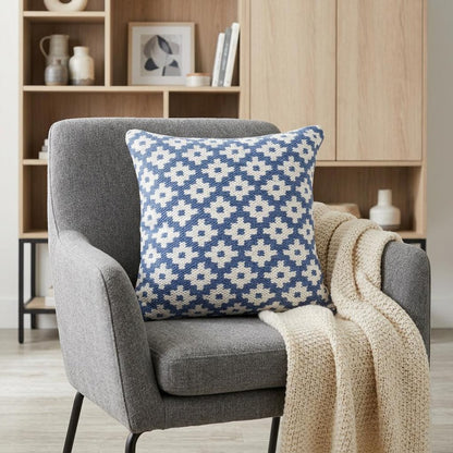 20" X 20" Blue And White 100% Cotton Geometric Zippered Pillow HomeRoots