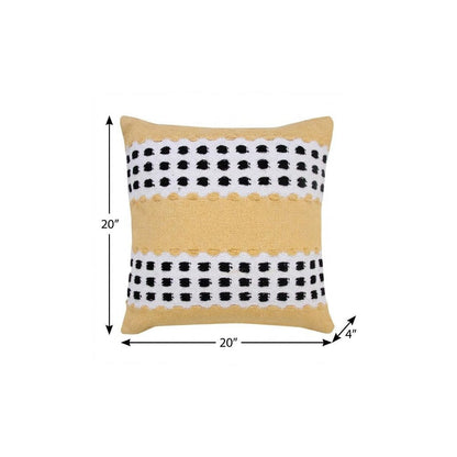 20" X 20" Yellow Black And White 100% Cotton Striped Zippered Pillow