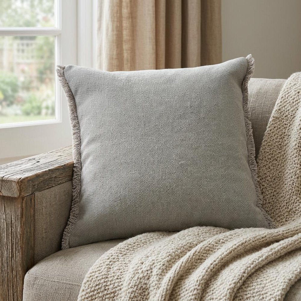 20" Gray Cotton Throw Pillow with Fringe — view 8