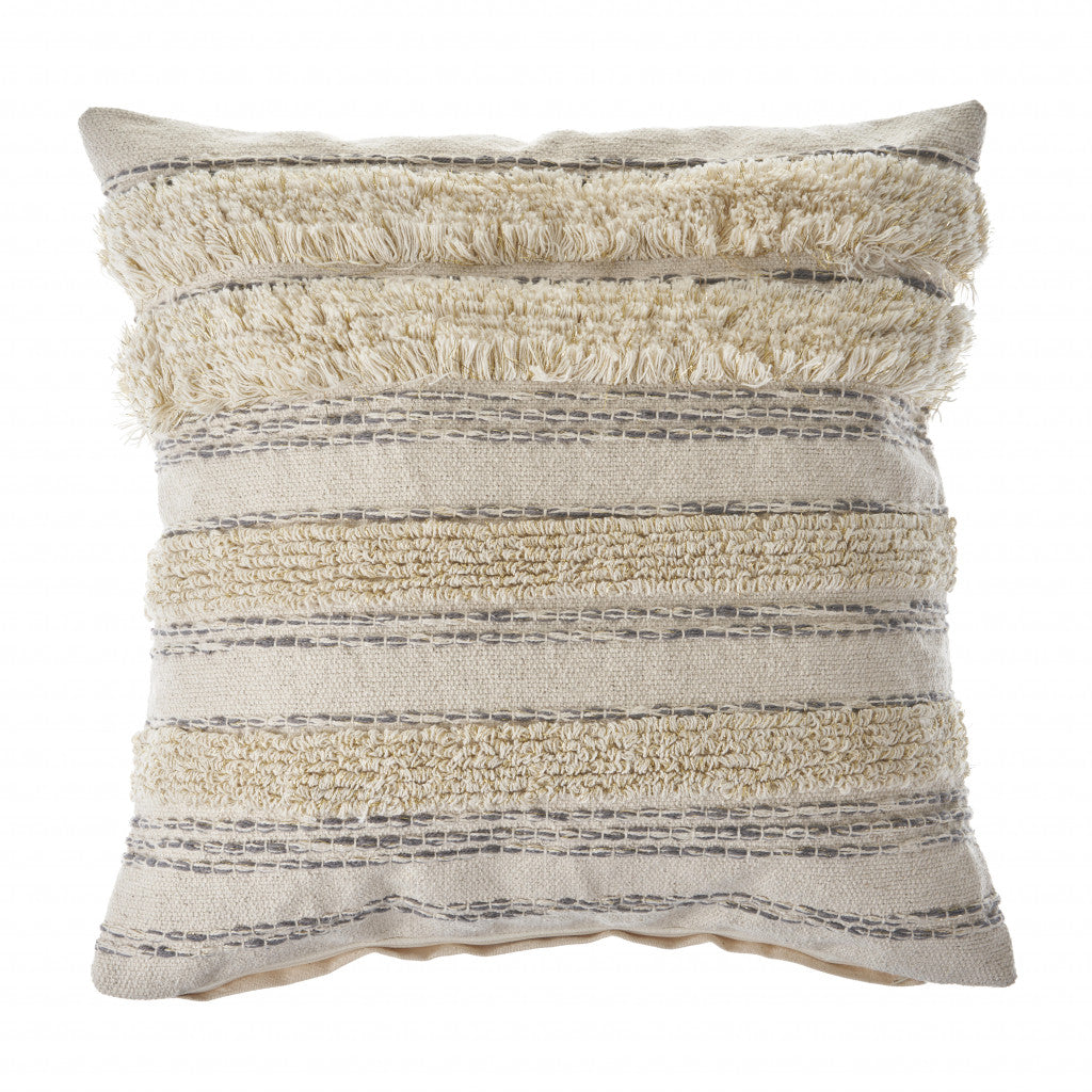 20" X 20" Cream Gray And Gold 100% Cotton Striped Zippered Pillow FurniFindUSA