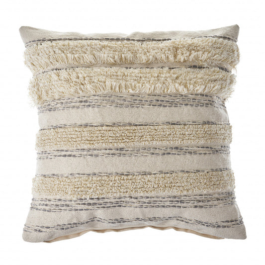 20" X 20" Cream Gray And Gold 100% Cotton Striped Zippered Pillow FurniFindUSA