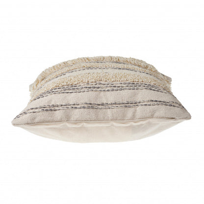 20" X 20" Cream Gray And Gold 100% Cotton Striped Zippered Pillow FurniFindUSA