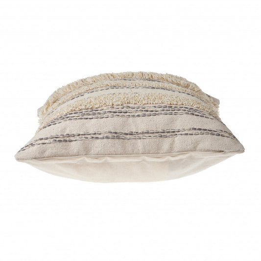 20" X 20" Cream Gray And Gold 100% Cotton Striped Zippered Pillow FurniFindUSA