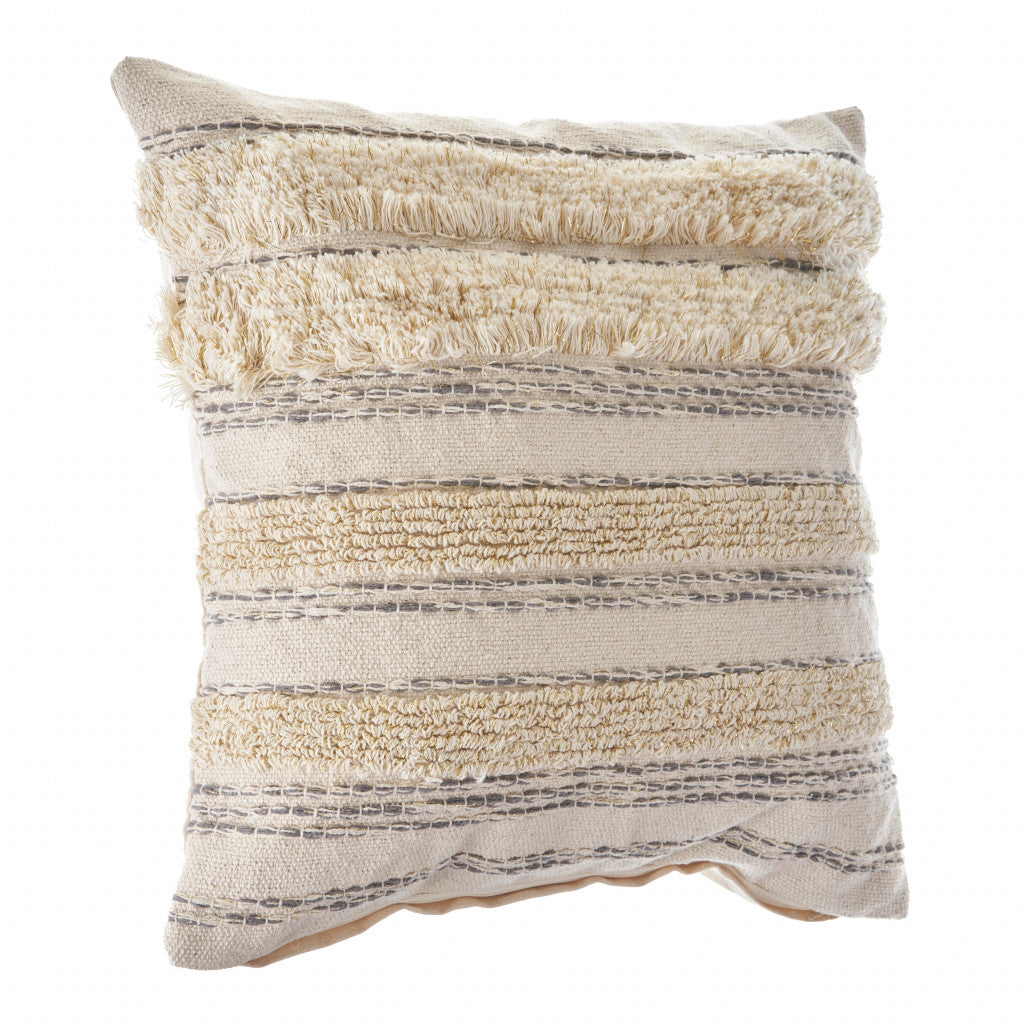20" X 20" Cream Gray And Gold 100% Cotton Striped Zippered Pillow FurniFindUSA
