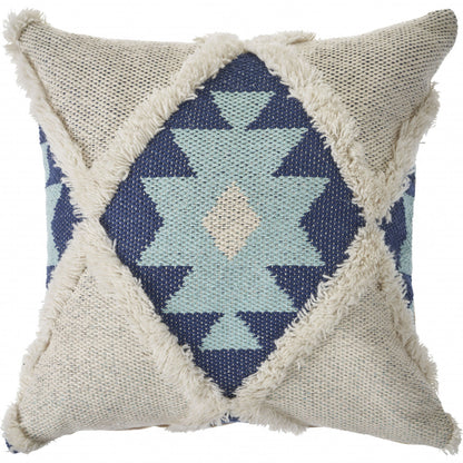 20" X 20" Blue And Cream 100% Cotton Geometric Zippered Pillow FurniFindUSA