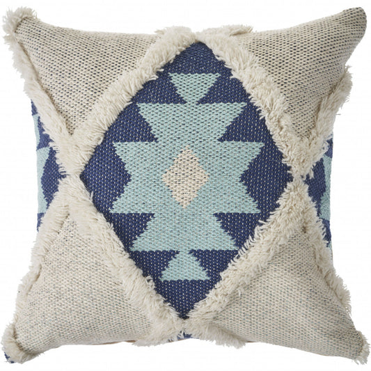20" X 20" Blue And Cream 100% Cotton Geometric Zippered Pillow FurniFindUSA