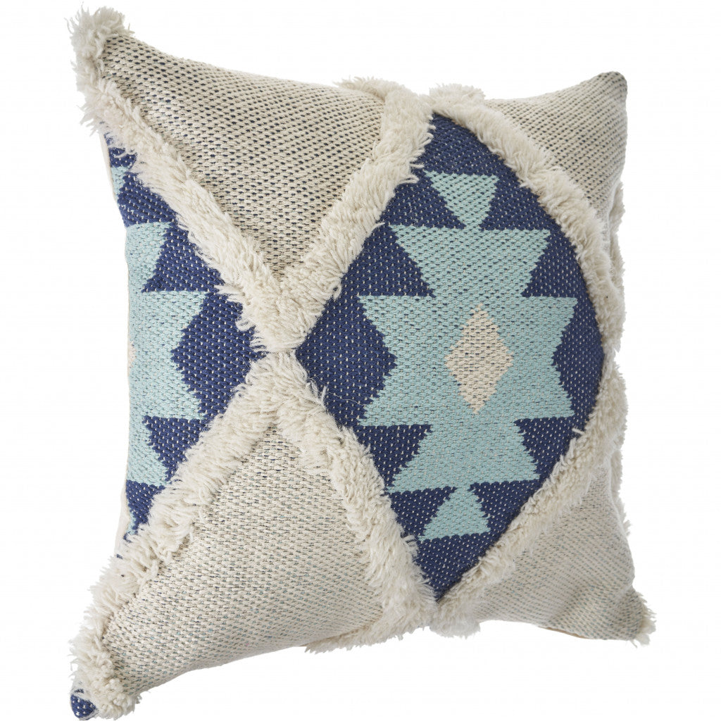 20" X 20" Blue And Cream 100% Cotton Geometric Zippered Pillow FurniFindUSA