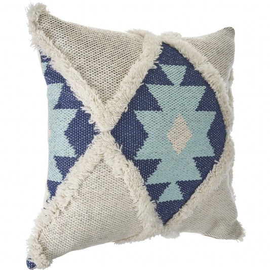 20" X 20" Blue And Cream 100% Cotton Geometric Zippered Pillow FurniFindUSA