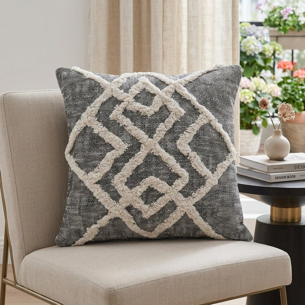20" X 20" Black And Cream 100% Cotton Geometric Zippered Pillow — view 6