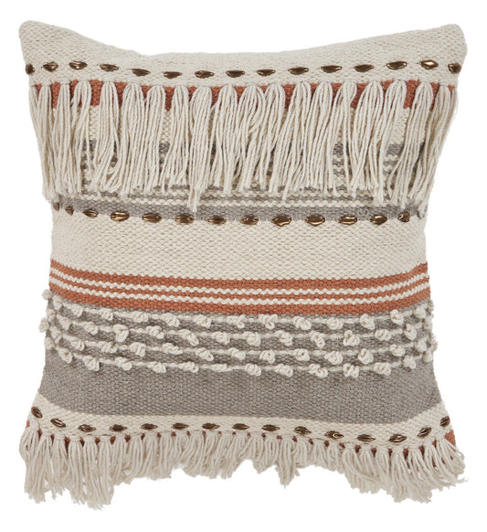 18" X 18" Beige and Red Striped Cotton Zippered Pillow With Fringe FurniFindUSA