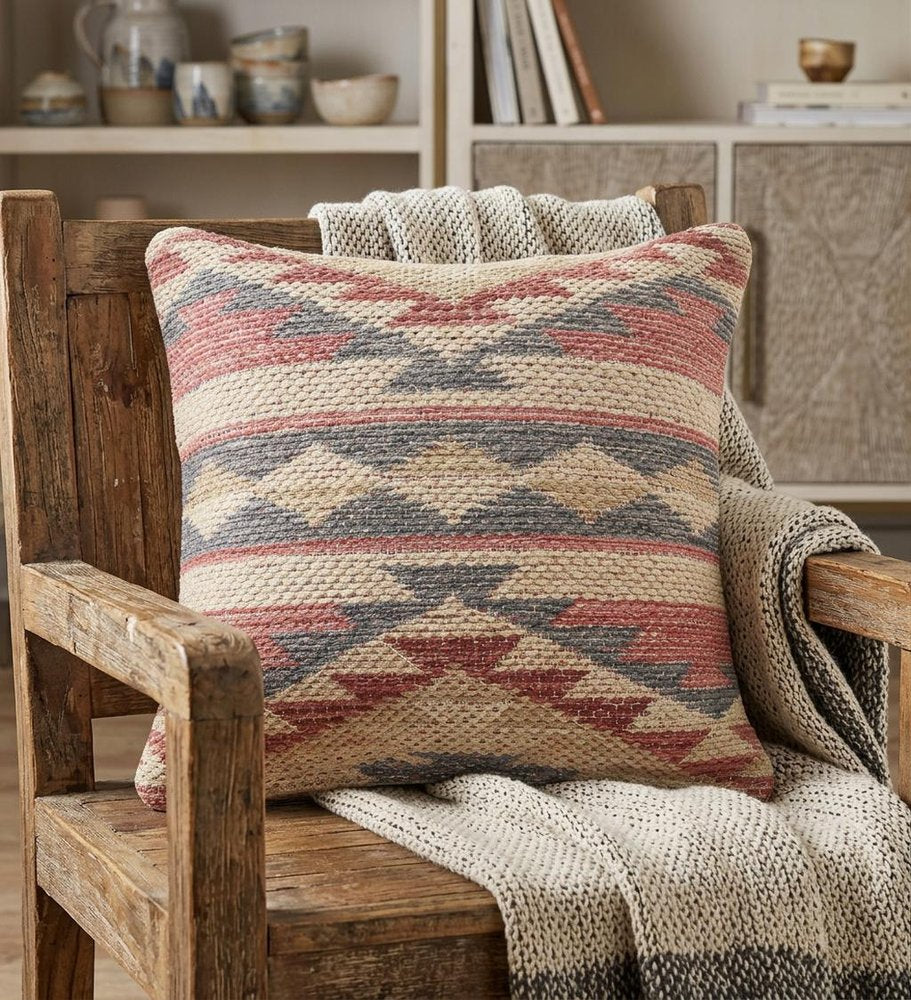 18" X 18" Blue Cream And Red 100% Cotton Geometric Zippered Pillow — view 9