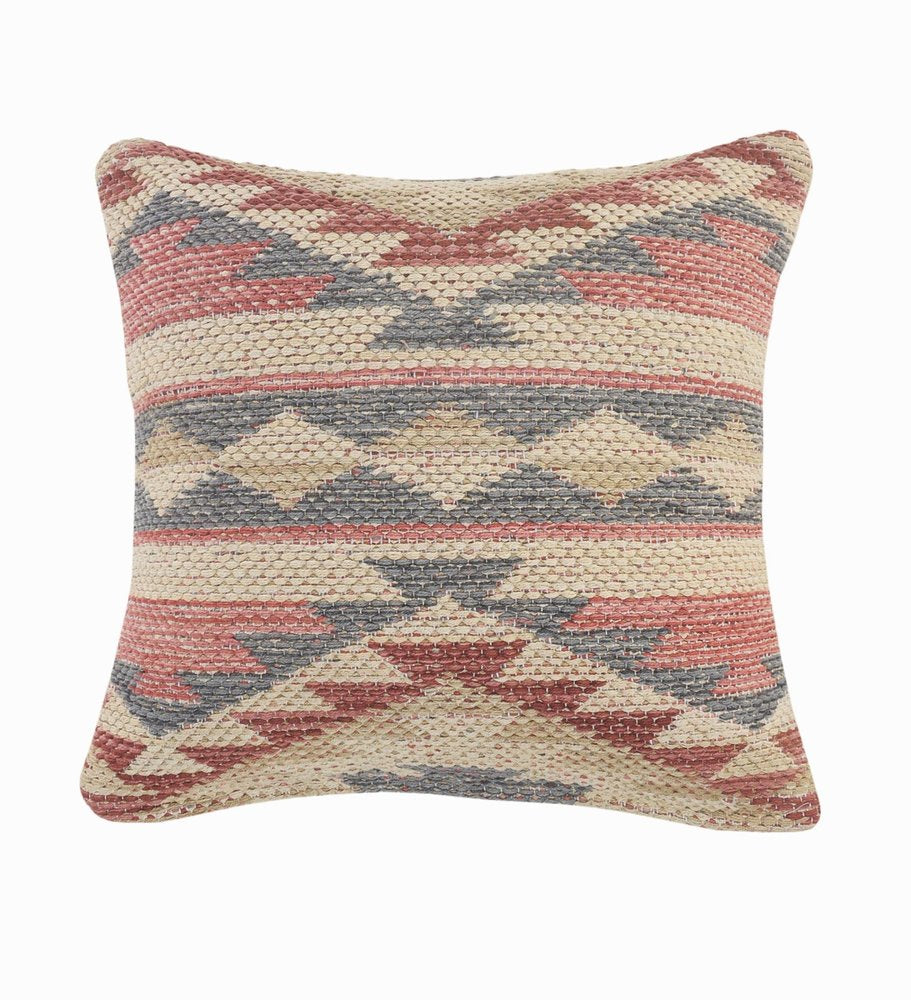 18" X 18" Blue Cream And Red 100% Cotton Geometric Zippered Pillow — view 1