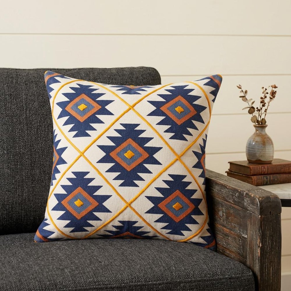 20" X 20" Blue 100% Cotton Geometric Zippered Pillow HomeRoots