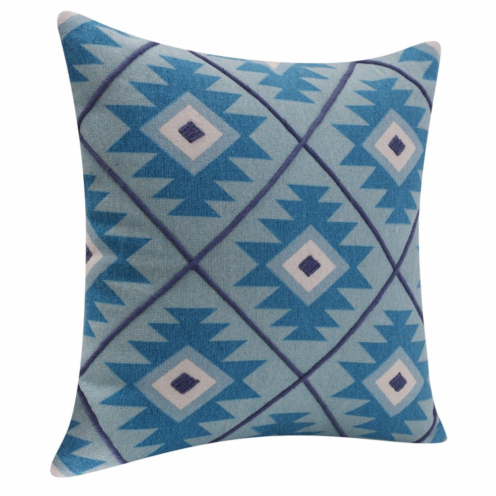 20" X 20" Blue And White 100% Cotton Geometric Zippered Pillow — view 2