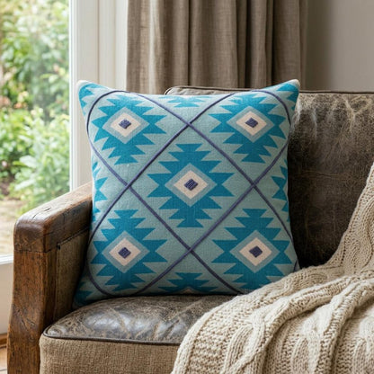 20" X 20" Blue And White 100% Cotton Geometric Zippered Pillow HomeRoots
