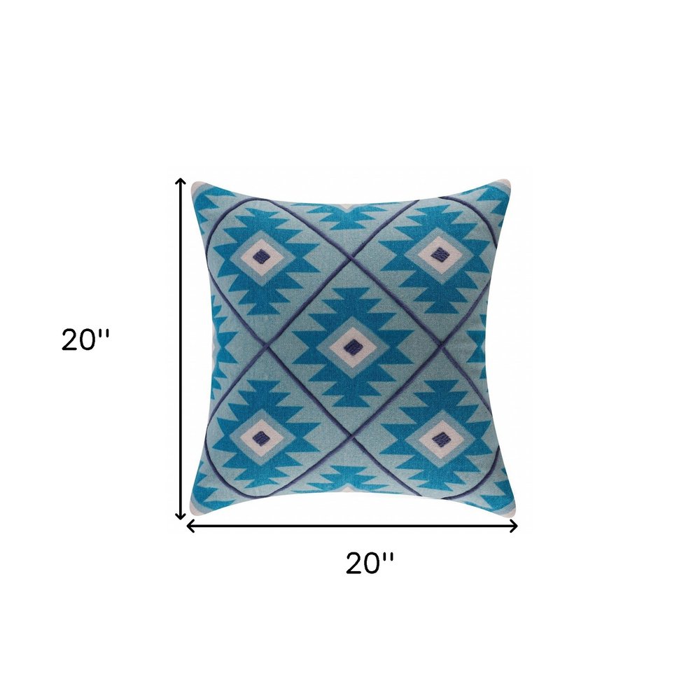 20" X 20" Blue And White 100% Cotton Geometric Zippered Pillow — view 7