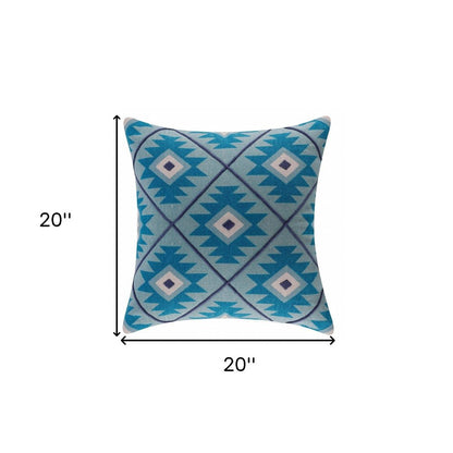 20" X 20" Blue And White 100% Cotton Geometric Zippered Pillow HomeRoots