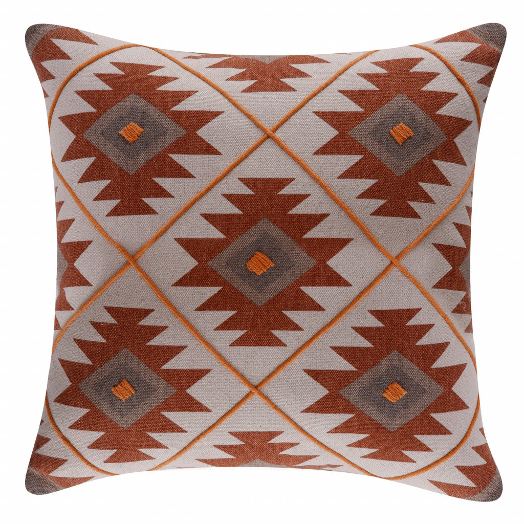 20" X 20" Rust And Off-White 100% Cotton Geometric Zippered Pillow FurniFindUSA