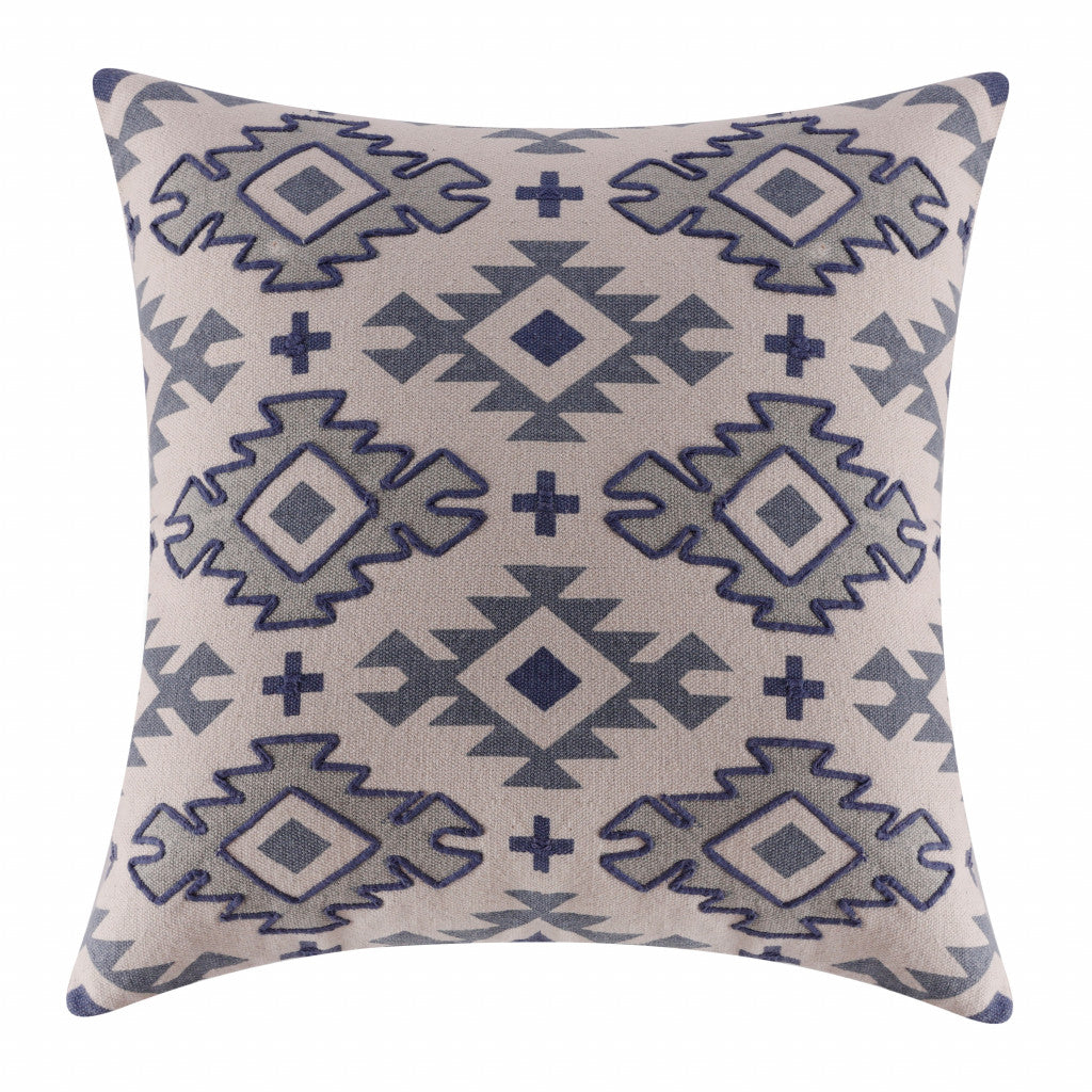 20" X 20" Blue And Gray 100% Cotton Geometric Zippered Pillow FurniFindUSA