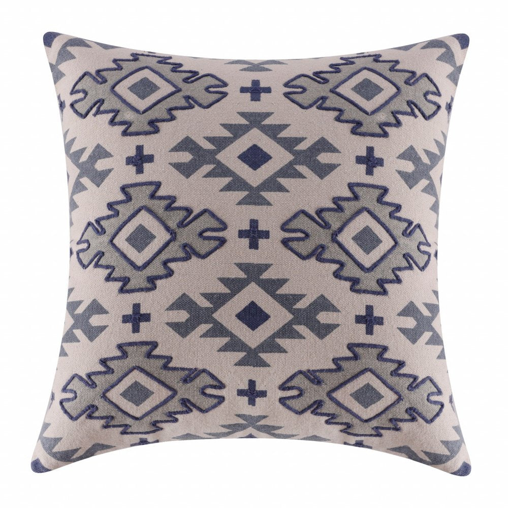 20" X 20" Blue And Gray 100% Cotton Geometric Zippered Pillow — view 1