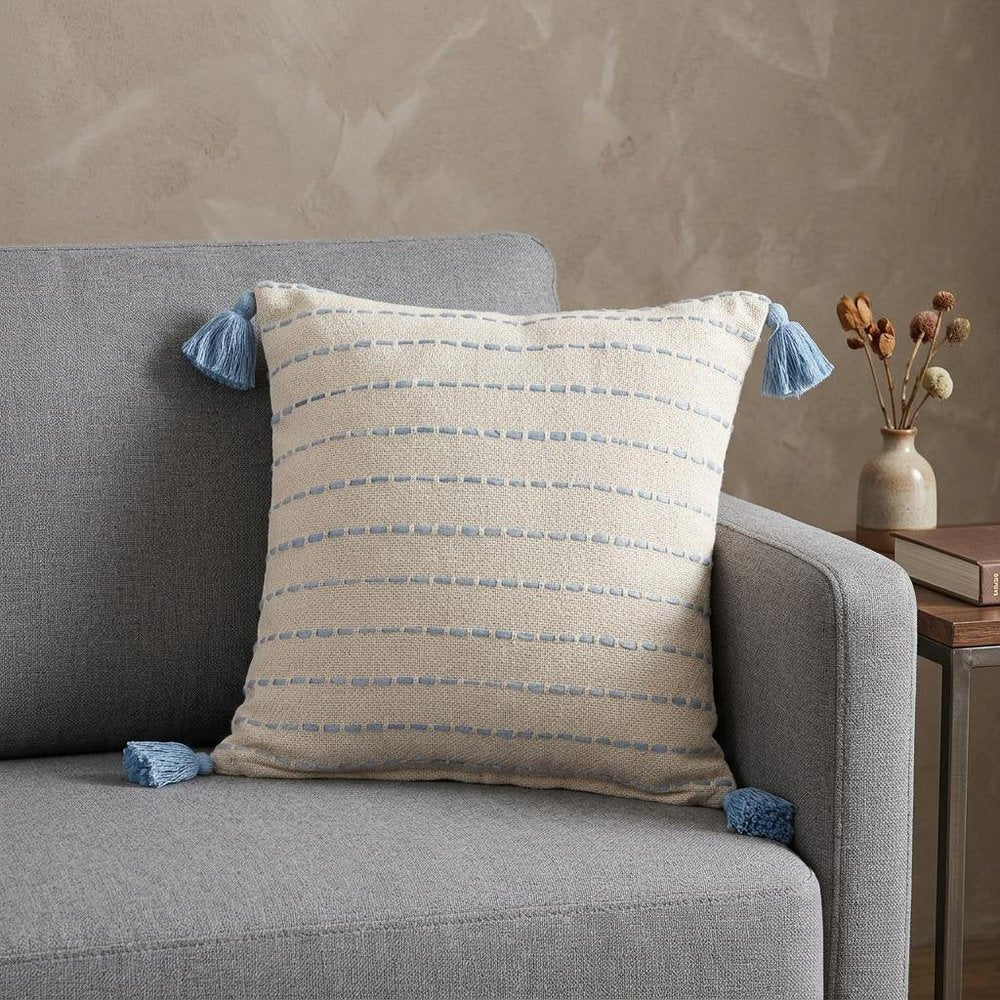 20" X 20" Denim Blue And Ivory 100% Cotton Striped Zippered Pillow — view 9