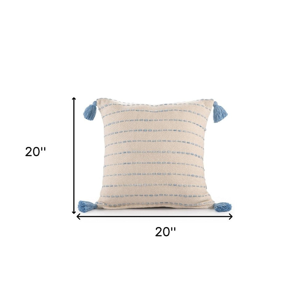 20" X 20" Denim Blue And Ivory 100% Cotton Striped Zippered Pillow — view 8