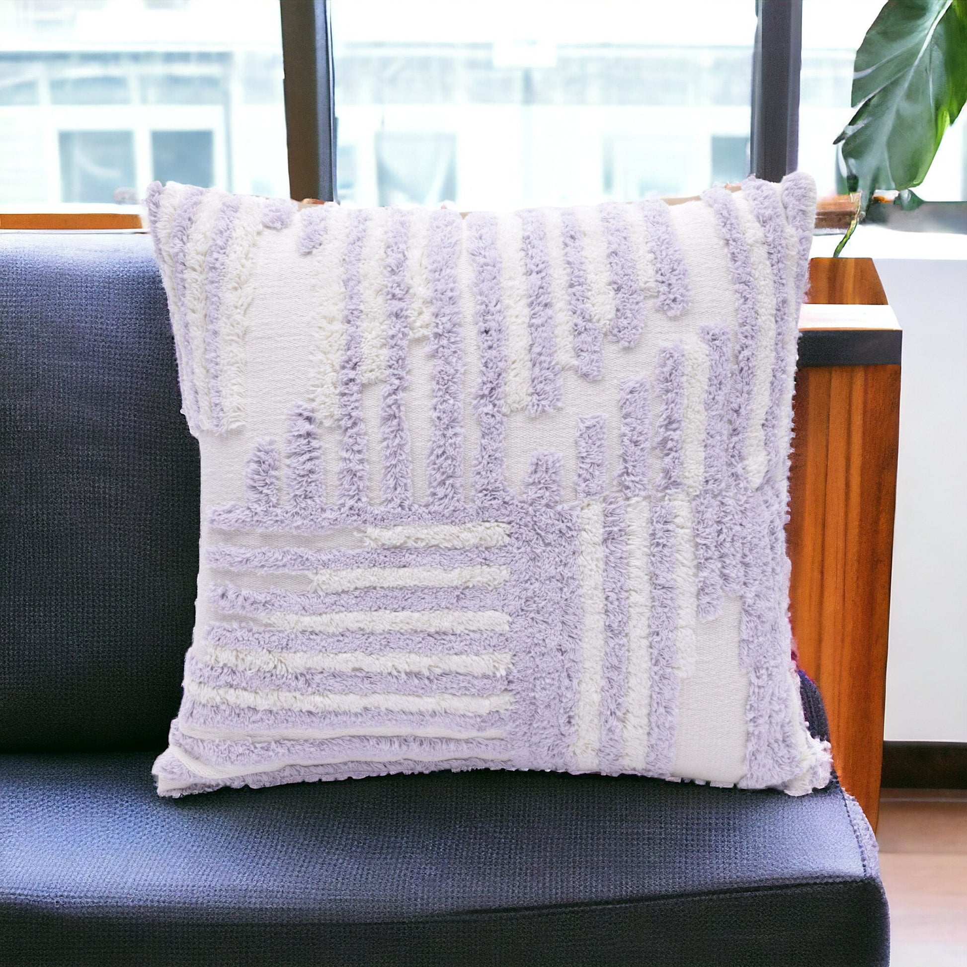 22" Purple and White Geometric Cotton Throw Pillow With Texture FurniFindUSA