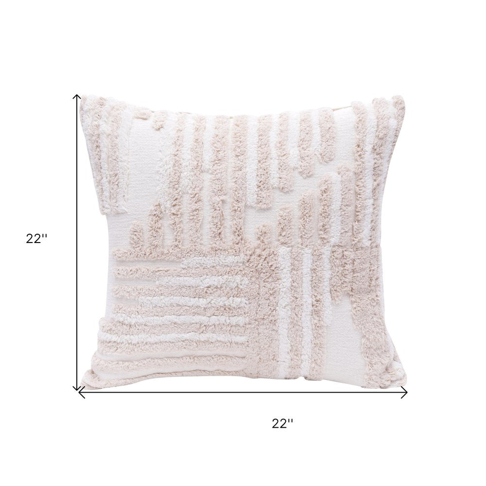 22" Beige and White Geometric Cotton Throw Pillow With Texture HomeRoots