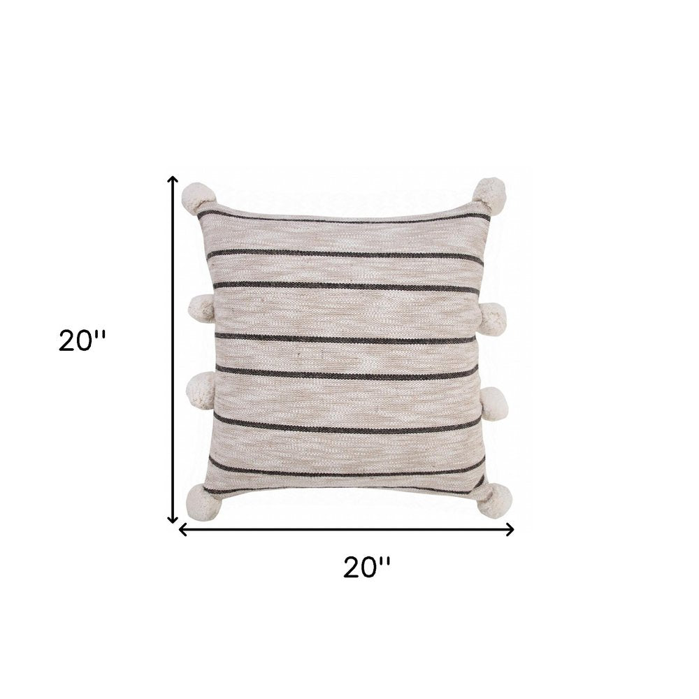 20" Beige And Black Jute Striped Throw Pillow with Pompoms HomeRoots