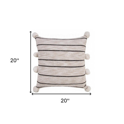 20" Beige And Black Jute Striped Throw Pillow with Pompoms HomeRoots