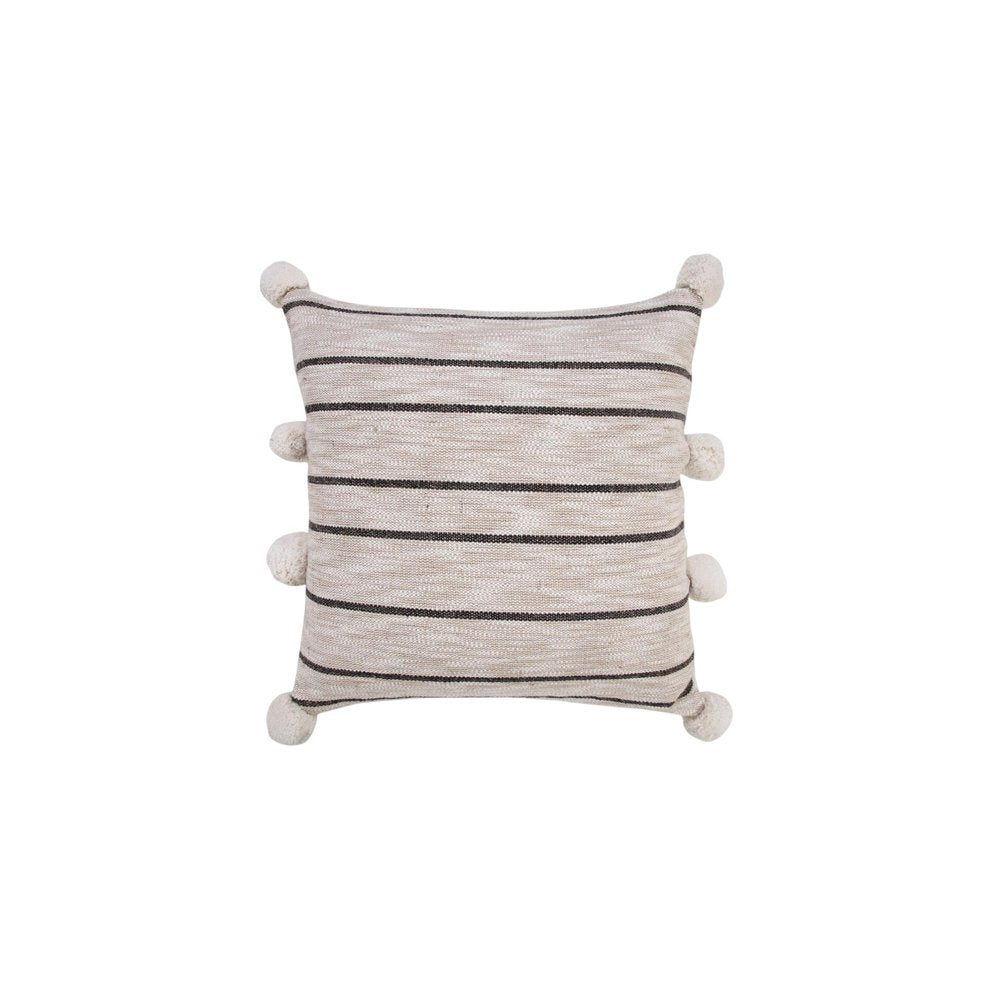 20" Beige And Black Jute Striped Throw Pillow with Pompoms HomeRoots