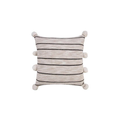 20" Beige And Black Jute Striped Throw Pillow with Pompoms HomeRoots