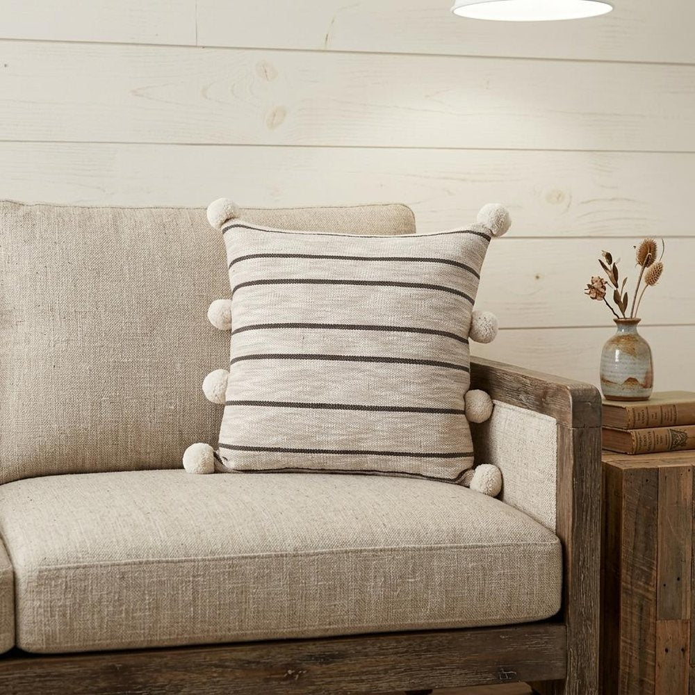 20" Beige And Black Jute Striped Throw Pillow with Pompoms — view 3
