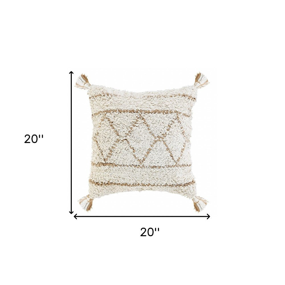 20" Tan And White Geometric Cotton Throw Pillow HomeRoots