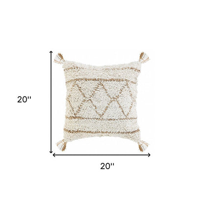 20" Tan And White Geometric Cotton Throw Pillow HomeRoots