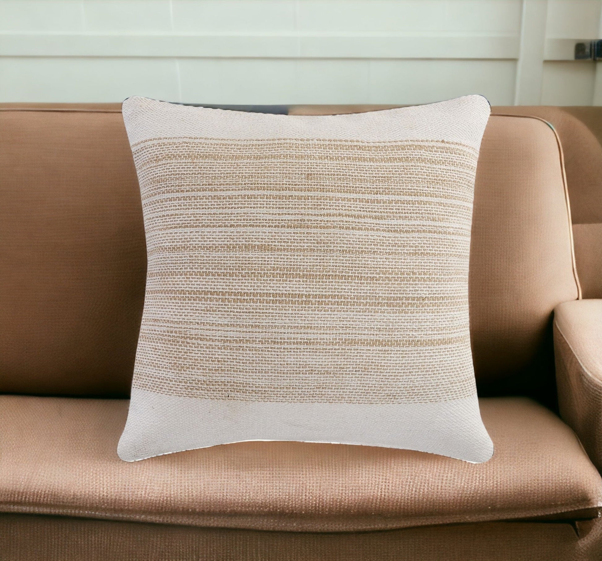20" X 20" Natural and Ivory Striped Cotton Blend Zippered Pillow FurniFindUSA