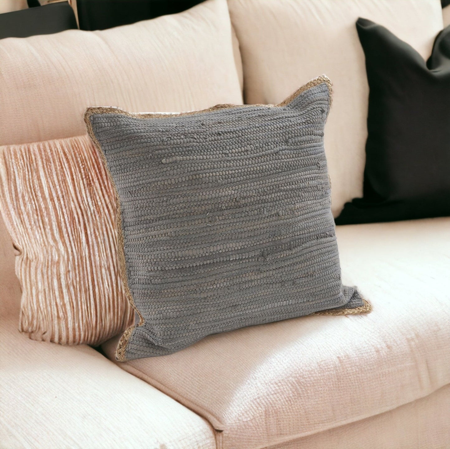 20" X 20" Anthracite Gray And Tan 100% Cotton Zippered Pillow FurniFindUSA